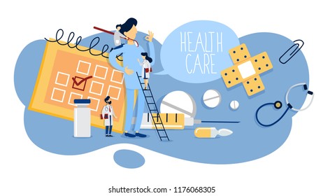 Healthcare concept. Idea of doctor consultation and medical treatment. Medical staff with equipment. Flat vector illustration