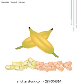 Healthcare Concept, Illustration of Fresh Ripe Banana with Vitamin B6, Vitamin C and Minerals Tablet, Essential Nutrient for Life. 