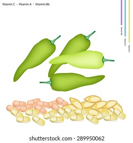 Healthcare Concept, Illustration of Green Sweet Pepper with Vitamin C, A and B6 Tablet, Essential Nutrient for Life.
