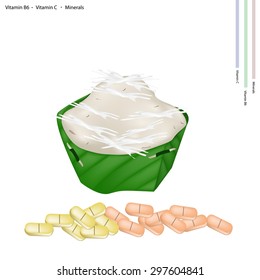 Healthcare Concept, An Illustration of Kanom Gluay or Banana Pudding with Vitamin B6, Vitamin C and Minerals Tablet, Essential Nutrient for Life. 