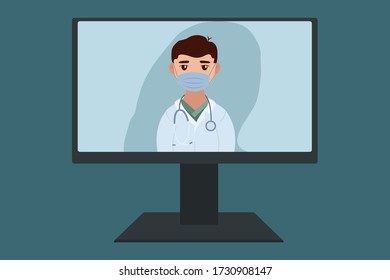 Healthcare concept illustration with online consult with doctor. Flat cartoon vector art. Surgical mask. Emergency medicine.
