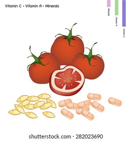 Healthcare Concept, Illustration of Tomatoes with Vitamin C and Vitamin A Tablet, Essential Nutrient for Lift.
