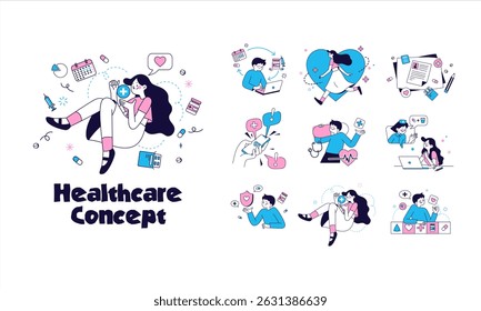 Healthcare concept illustrations. Set of vector illustrations in activities of medicine, healthcare, and, pharmacy, support.