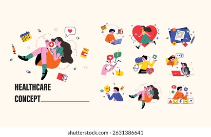 Healthcare concept illustrations. Set of vector illustrations in activities of medicine, healthcare, and, pharmacy, support.