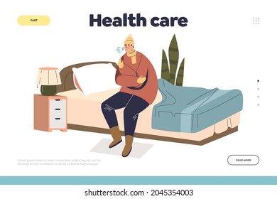 Healthcare concept of landing page with man shivering from cold sit on bed dressed in warm clothes indoors. Male freezing at home in winter season. Cartoon flat vector illustration