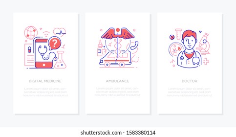 Healthcare concept - line design style banners set with place for your text. Digital medicine, ambulance and doctor with stethoscope linear illustrations with icons. Medical and laboratory equipment