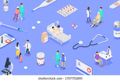 Healthcare concept. Medical consultation, disease prevention and treatment of patients of different ages in the clinic. Vector isometric illustration.