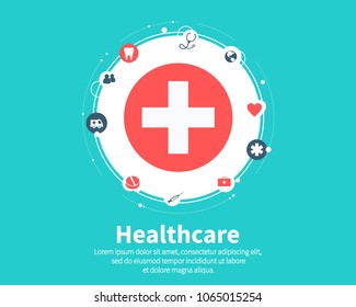 Healthcare concept. Medical, health, care, medicine, network and global concepts. Flat cartoon design, vector illustration on background