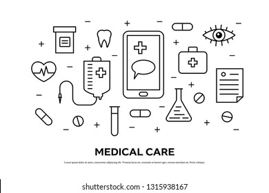 Healthcare Concept With Medical Icons In Thin Line Style. Suitable For Medical Background, Header, Banner, And Templates. Flat Vector Illustration.