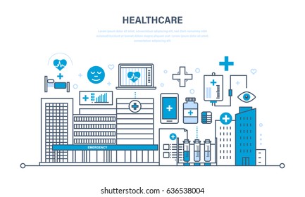 Healthcare concept. Modern medicine, health care system, doctor and special tools, atmosphere, house of hospital and equipment. Illustration thin line design of vector doodles, infographics elements.