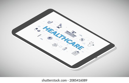 healthcare concept on tablet screen with isometric 3d style