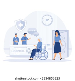  healthcare concept, Patients at a hospital reception desk registering and paying at the desk. flat vector modern illustration