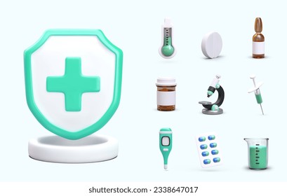 Healthcare concept  Set different medical equipment in realistic 3d style  Assortment various medical instruments  Vector illustration in green colors