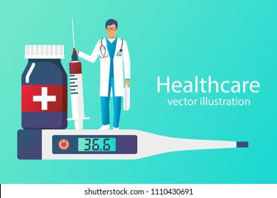 Healthcare concept. Set of medical equipment pills bottles thermometer. Doctor with syringe hold in hand isolated. Pharmacy treatment. Vector illustration flat design. Medicine background.