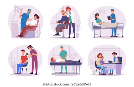 Conceito de assistência médica. Definir imagens de serviços médicos vetor exato médicos consultar pacientes
