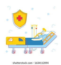 Healthcare Concept. Sick Injured Patient Lying in Medical Bed with Dropper. Clinic Ward Hospital Interior, Recovery after Virus Disease or Intoxication, Cartoon Flat Vector Illustration, Line Art