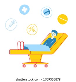 Healthcare Concept. Sick Injured Patient Character Lying in Medical Bed. Clinic Ward Hospital Interior, Recovery after Virus Disease, Preparation for Rhinoplasty Surgery. Linear Vector Illustration