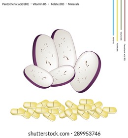 Healthcare Concept, Sliced Eggplant with Pantothenic Acid B5, Vitamin B6, Folate B9 and Minerals Tablet, Essential Nutrient for Life.
