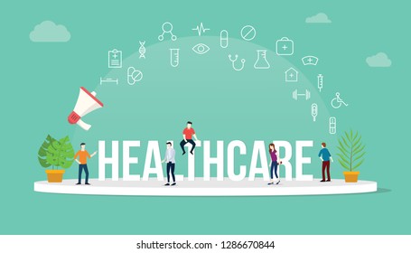 healthcare concept with team people working together with big text title banner and icon about it spreading flying with loudspeaker - vector illustration