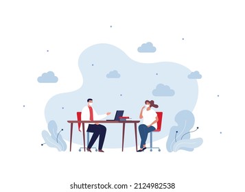 Healthcare concept. Vector flat people illustration. Male doctor and female patient in face mask conversation. Man and woman sitting at desk with laptop. Design for infographic and hospital service.