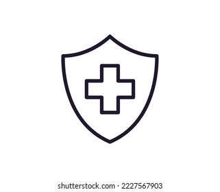 Healthcare concept. Vector sign drawn in line style for web sites, UI, apps, shops, stores, adverts. Editable stroke. Vector line icon of medical cross inside of shield 