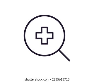 Healthcare concept. Vector sign drawn in line style for web sites, UI, apps, shops, stores, adverts. Editable stroke. Vector line icon of medical cross under magnifying glass 