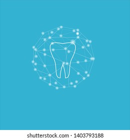 Healthcare concept with white teeth protected in polygonal sphere shield , 
vector , illustration.Isolated on blue background.Single White and Very Strong Muscle Healthy Tooth.