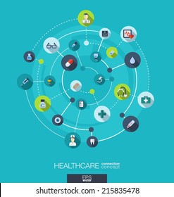 Healthcare Connection Concept. Abstract Background With Integrated Circles And Icons For Medical, Health, Care, Medicine, Network And Global Concepts. Vector Infographic Illustration. Flat Design