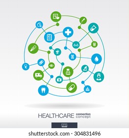 Healthcare Connection Concept. Abstract Background With Integrated Circles And Icons For Medical, Health, Care, Medicine, Network, Social Media And Global Concepts. Vector Infographic Illustration. 