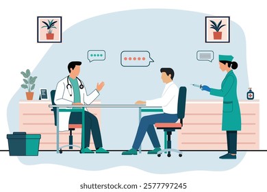 Healthcare consultation and vaccination concept. A doctor discusses with a patient while a nurse prepares an injection. Modern flat vector illustration for medical, hospital, and clinic services.
