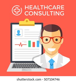 Healthcare consulting concept. Doctor and laptop with medical report clipboard. Flat graphic design elements set for web banners, website, infographics, printed materials, etc. Vector illustration