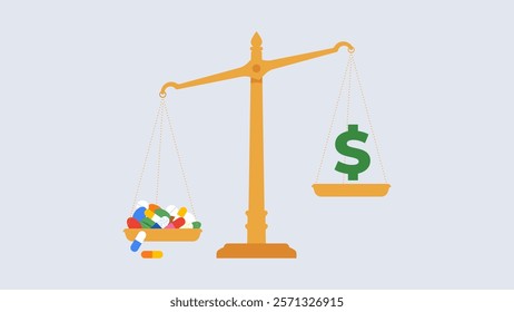 Healthcare costs. Balance scale with colorful pills on one side and a dollar symbol on the other. Medication pricing and treatment expenses concept. Modern vector illustration. Simplicity metaphor.