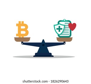 Healthcare costs. money stack scale and bitcoin.

