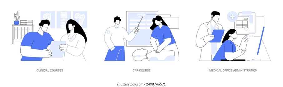 Healthcare courses isolated cartoon vector illustrations set. College student taking patient care class, learn CPR, clinical vocational education, medical office administration vector cartoon.