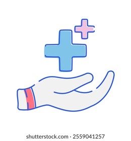 Healthcare Cross and Helping Hand Icon with soft color palette in doodle Illustration style Ideal for health and pharmacy themed designs
