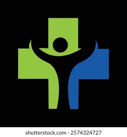 Healthcare cross logo with green and blue elements featuring a human figure in the center