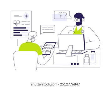 Healthcare data collection abstract concept vector illustration. Doctor with stethoscope deals with patient survey, epidemiological forecasting, medical statistics and report abstract metaphor.