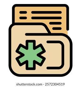 Healthcare data management concept with medical records and patient files, featuring the star of life symbol, representing emergency medical services and patient care documentation