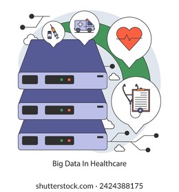 Healthcare Data Management concept. Utilizing big data for enhanced medical insights and patient care optimization. Flat vector illustration.