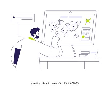 Ilustración vectorial de concepto abstracto de visualización de datos de atención médica. Analista de datos médicos utilizando mapa interactivo, pronóstico epidemiológico de Covid19, metáfora abstracta de estadísticas de salud.