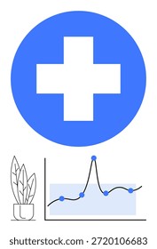 Salud, visualización de datos, informes médicos, análisis, estadísticas, bienestar. Grande cruz médica azul, gráfico de líneas con puntos de datos Pequeña planta en maceta. Concepto de atención médica y visualización de datos