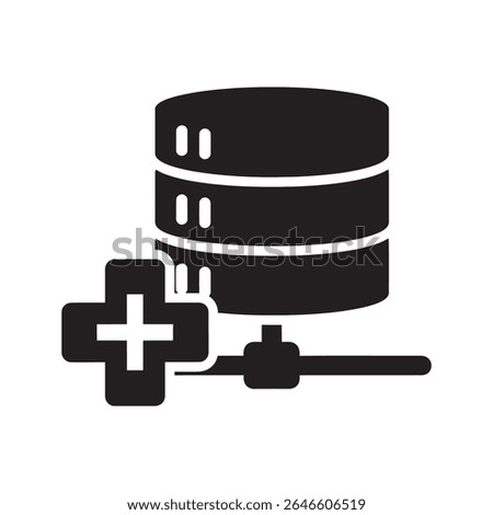 Healthcare database glyph icon showing medical server for patient data storage and electronic health record management vector vector solid glyph icon