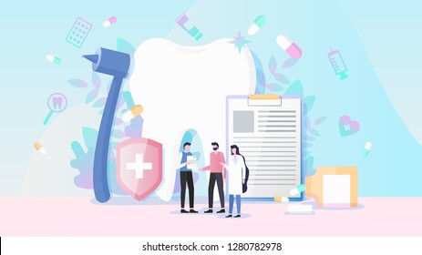 Healthcare And Dental Insurance Flat Vector Concept With Medical Instruments, Human Tooth, Pills And Man Receiving Insurance Policy From Insurance Agent And Doctor Illustration. Medicine Services