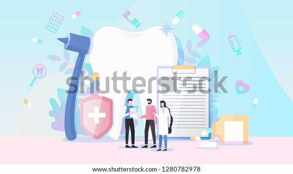 Healthcare and Dental Insurance Flat Vector\
Concept with Medical Instruments, Human Tooth, Pills and Man\
Receiving Insurance Policy from Insurance Agent and Doctor\
Illustration. Medicine\
Services