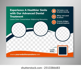 Healthcare dental treatment post template. Dental Medical promotion horizontal web banner. Mail newsletter layouts. Social media healthcare post. Special offer banner. Sale and discount backgrounds