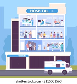 Healthcare departments. Hospital building emergency department, clinic room interior, floor with patient nurse doctor medical equipment, city ambulance vector illustration. Emergency building clinic