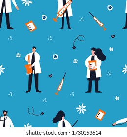 Healthcare diagnosis vector seamless pattern. Cartoon hand drawn design. Medical illustration. 