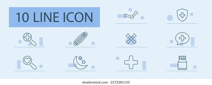 Healthcare diagnostics set icon. Search health, crossbones, protection shield, consultation, medication, moon and stars, magnifier, health focus