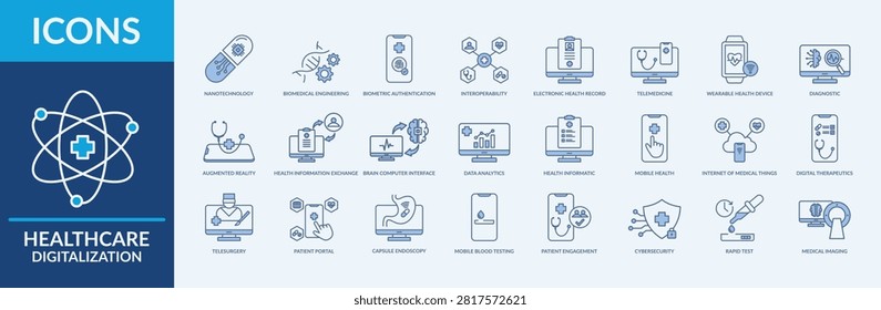 Healthcare Digitalization icon set. Containing nanotechnology, biomedical engineering, health informatic and more. Line Blue vector icons collection