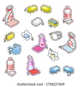 Healthcare, disinfectant and cleaning objects in cut-out style such as soap, gloves, respirator, sponge, spray and wiping cloth (illustration in isometric view)